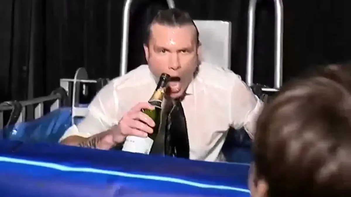 Pete Hegseth chugging a champagne bottle on an average Monday